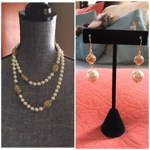 Necklace & Earring - Pearls with Gold Tone Accents